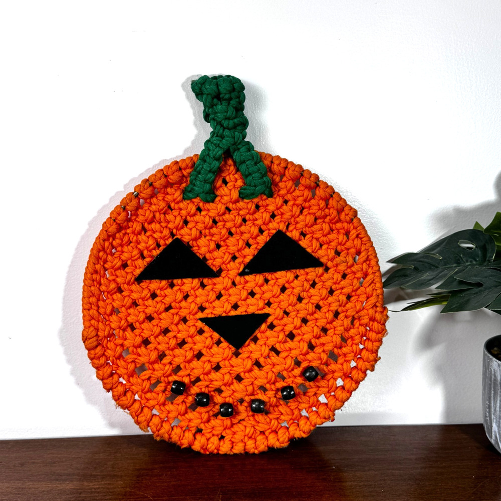 Vintage Handmade Halloween Macrame Pumpkin Jack-O-Lantern Wall Decor 10"